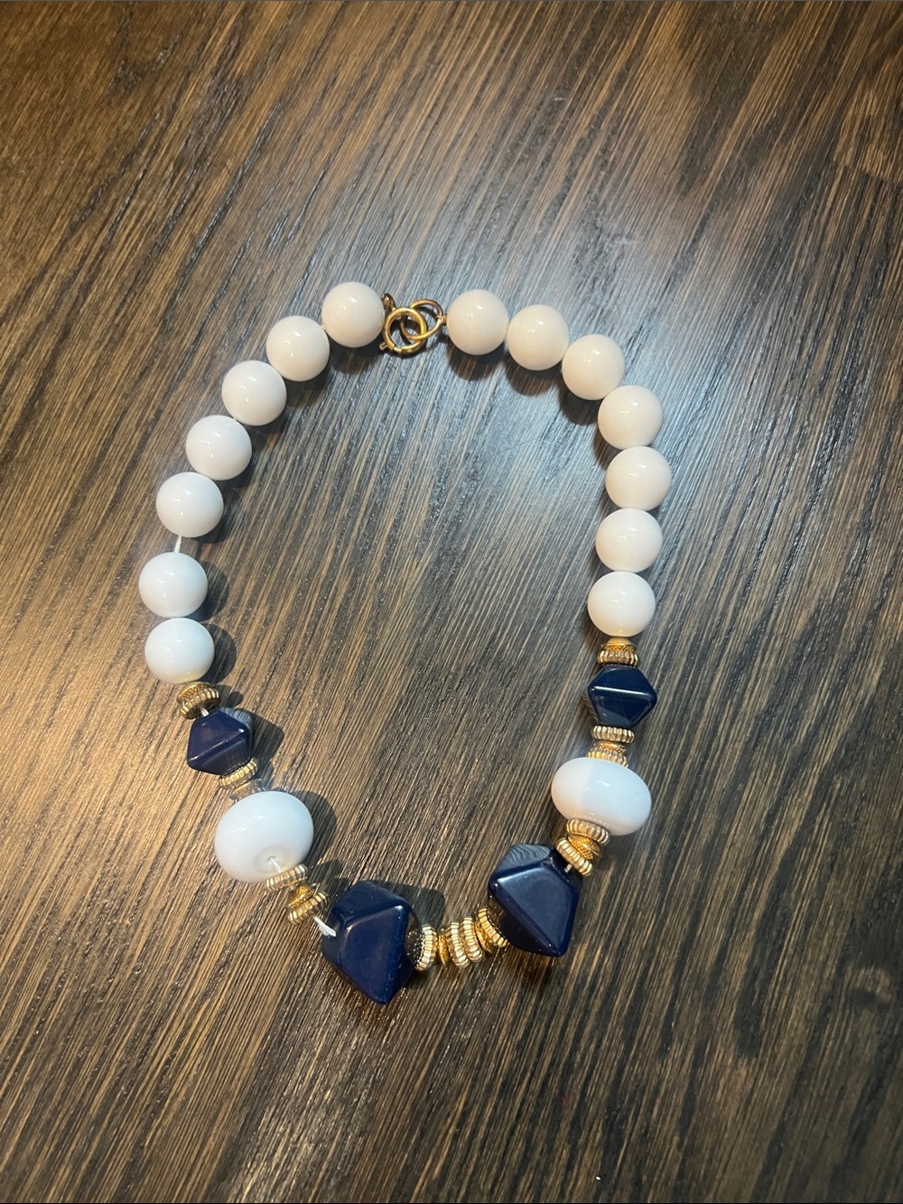 Vintage 80s Beaded Necklace Navy Blue, Gold and White Chunky Beads